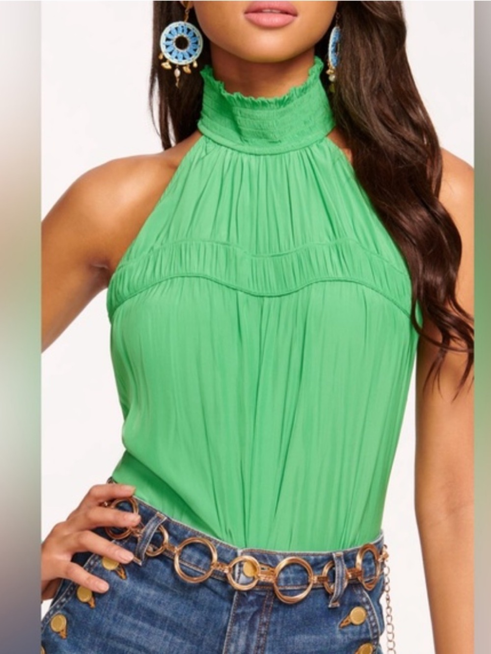 Ramy Brook Tim Blouse XL Green Smocked Halter Silk Feel NWT $295 NEW